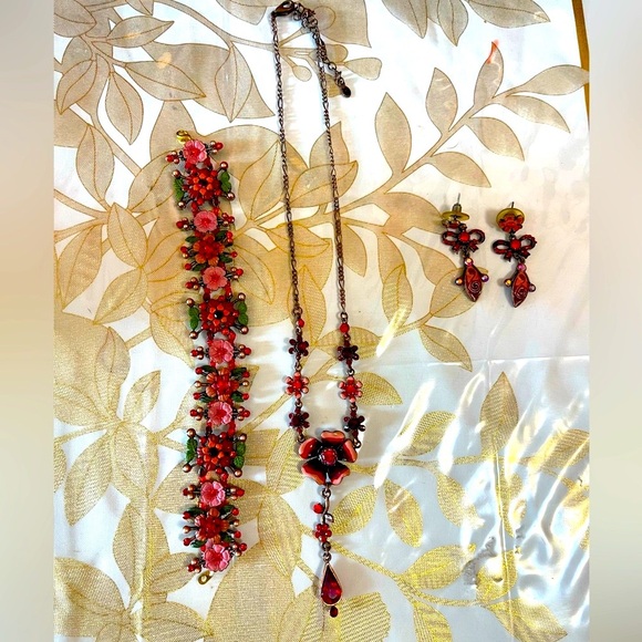 Vtg Set Necklace Earrings Bracelet enamel - Picture 1 of 7
